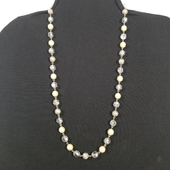 Crystals and Faux Pearls Rope Necklace with Silver Filigree Beads - Picture 9 of 9